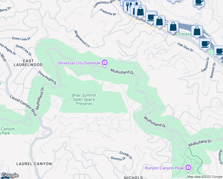 map of restaurants, bars, coffee shops, grocery stores, and more near 7712 Chandelle Place in Los Angeles