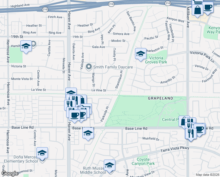 map of restaurants, bars, coffee shops, grocery stores, and more near 10777 Merced Court in Rancho Cucamonga