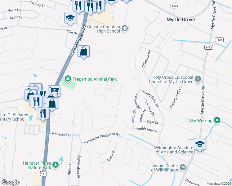 map of restaurants, bars, coffee shops, grocery stores, and more near 5819 Carolina Beach Road in Wilmington