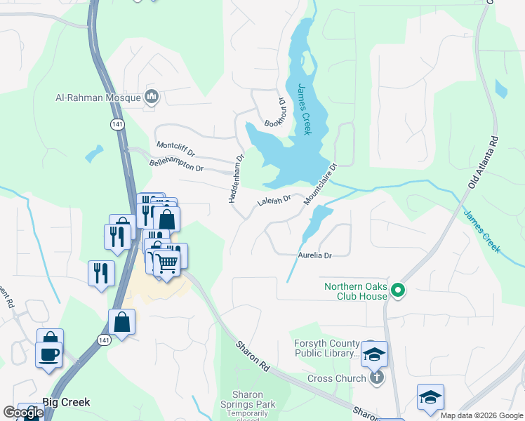 map of restaurants, bars, coffee shops, grocery stores, and more near 1550 Laleiah Drive in Cumming