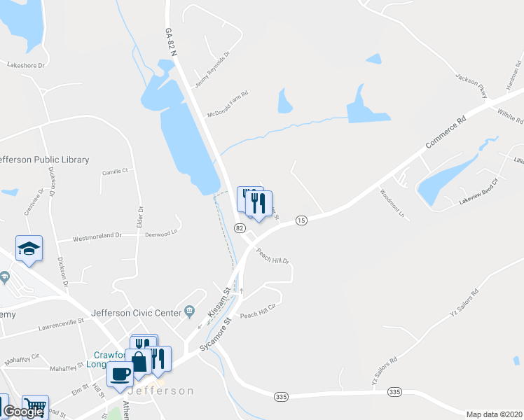 map of restaurants, bars, coffee shops, grocery stores, and more near 55 Hunter Street in Jefferson
