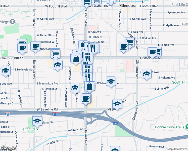 map of restaurants, bars, coffee shops, grocery stores, and more near 520 West Colorado Avenue in Glendora