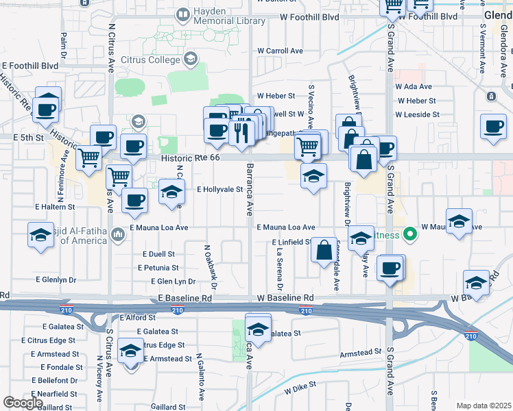 map of restaurants, bars, coffee shops, grocery stores, and more near 19003 East Haltern Street in Glendora