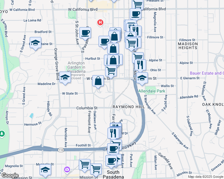 map of restaurants, bars, coffee shops, grocery stores, and more near 1123 South Fair Oaks Avenue in Pasadena