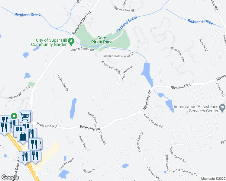 map of restaurants, bars, coffee shops, grocery stores, and more near 625 Austin Creek Drive in Buford
