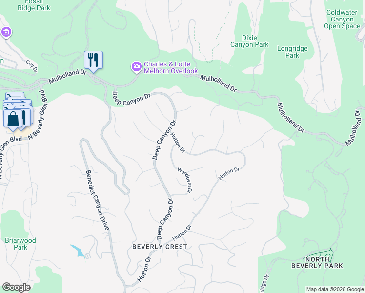 map of restaurants, bars, coffee shops, grocery stores, and more near 3170 Hutton Drive in Beverly Hills