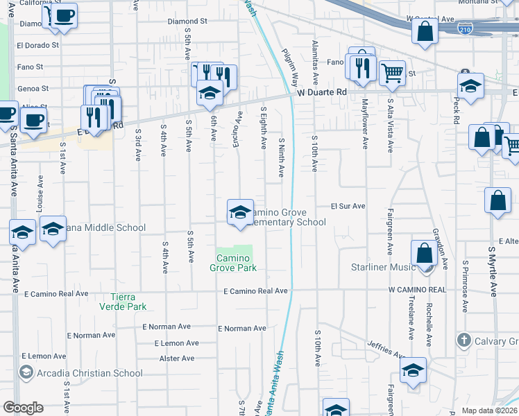 map of restaurants, bars, coffee shops, grocery stores, and more near 1227 South Eighth Avenue in Arcadia
