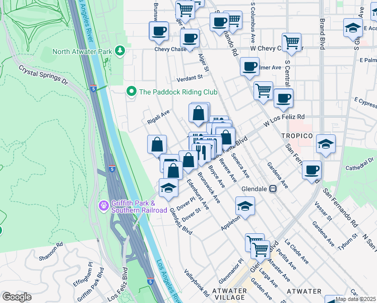 map of restaurants, bars, coffee shops, grocery stores, and more near 4045 Brunswick Avenue in Los Angeles