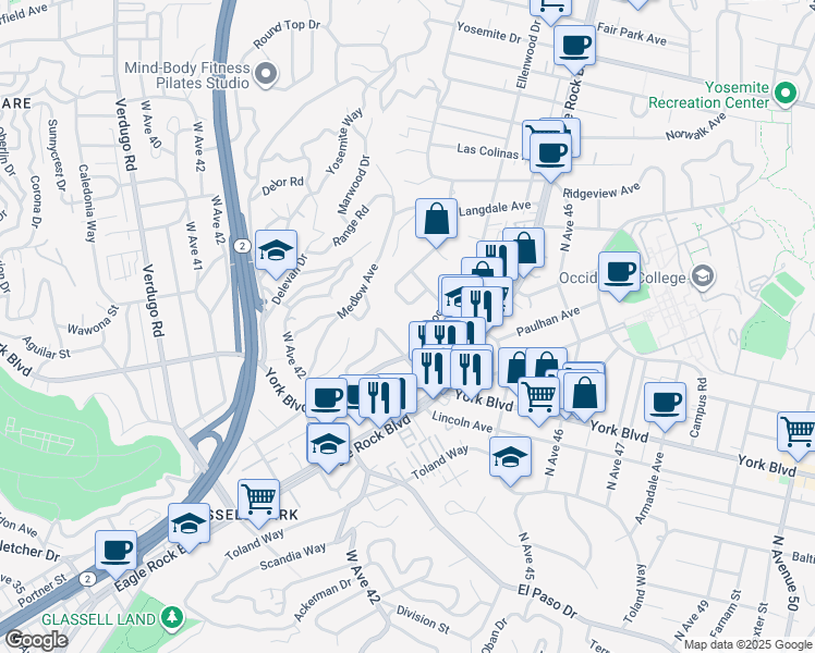 map of restaurants, bars, coffee shops, grocery stores, and more near 1745 College View Place in Los Angeles