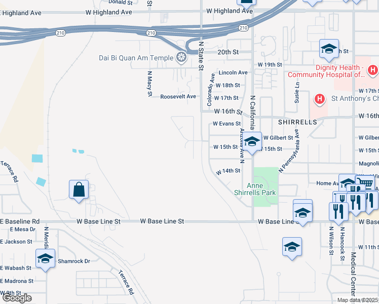 map of restaurants, bars, coffee shops, grocery stores, and more near 1456 North Grand Street in San Bernardino