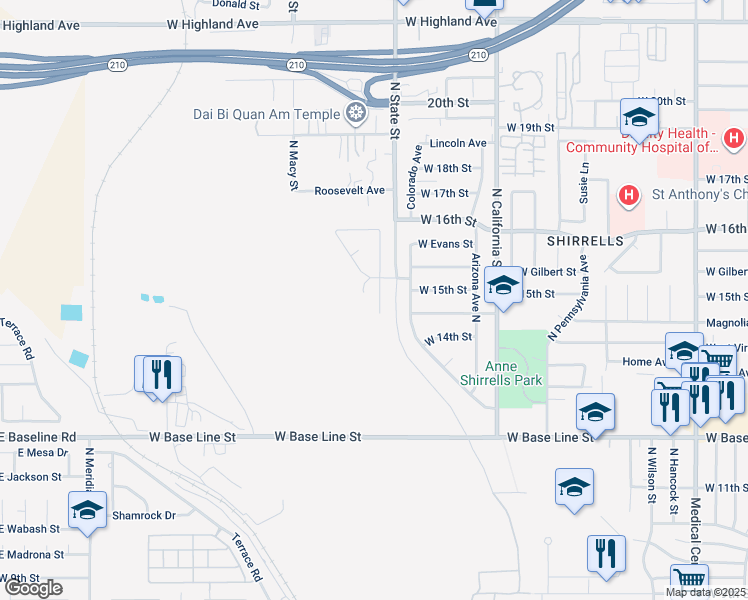 map of restaurants, bars, coffee shops, grocery stores, and more near 1456 North Grand Street in San Bernardino
