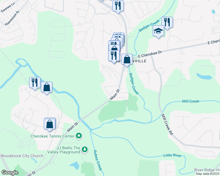 map of restaurants, bars, coffee shops, grocery stores, and more near 197 Madison Bend in Woodstock