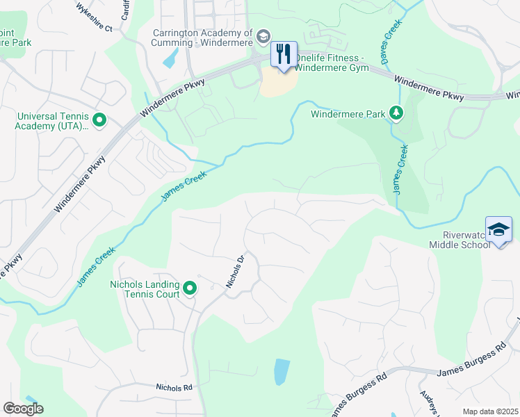 map of restaurants, bars, coffee shops, grocery stores, and more near 925 Rockbass Road in Suwanee