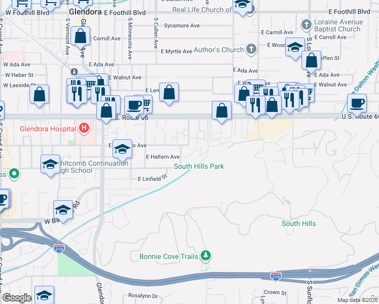 map of restaurants, bars, coffee shops, grocery stores, and more near 543 East Haltern Avenue in Glendora