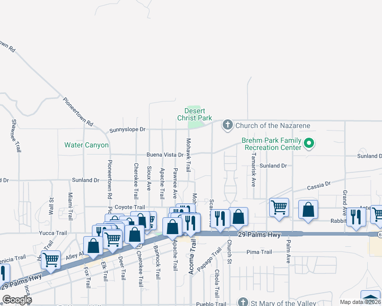 map of restaurants, bars, coffee shops, grocery stores, and more near 6971 Mohawk Trail in Yucca Valley