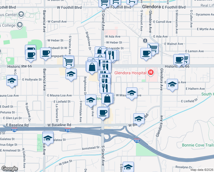 map of restaurants, bars, coffee shops, grocery stores, and more near 520 West Colorado Avenue in Glendora