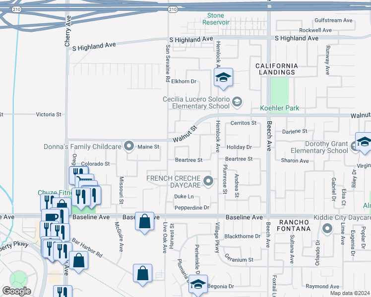map of restaurants, bars, coffee shops, grocery stores, and more near 7032 Gabels Crest Place in Fontana