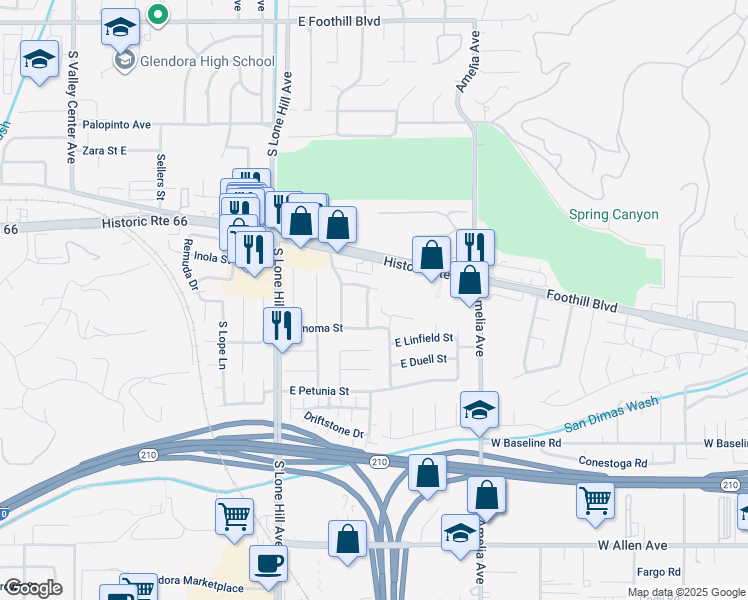 map of restaurants, bars, coffee shops, grocery stores, and more near 704 Danecroft Avenue in Glendora