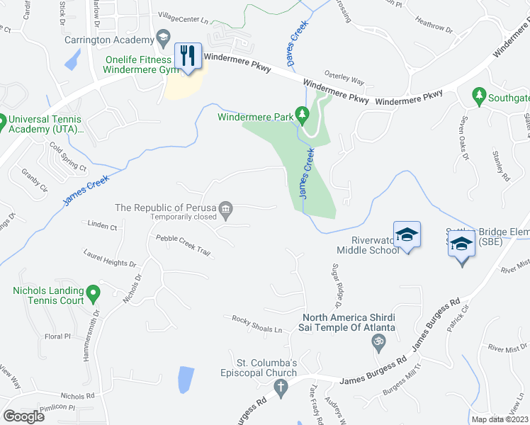 map of restaurants, bars, coffee shops, grocery stores, and more near 1380 Grey Rock Way in Suwanee