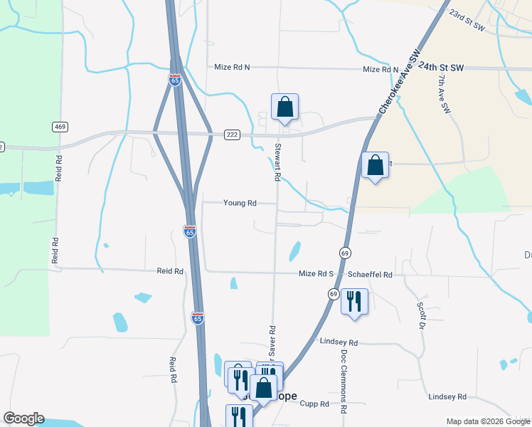 map of restaurants, bars, coffee shops, grocery stores, and more near 17 Young Road in Cullman