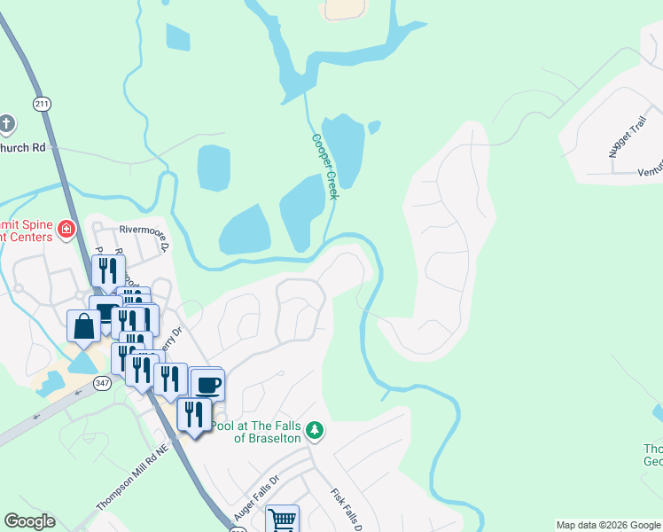 map of restaurants, bars, coffee shops, grocery stores, and more near 6532 Silk Tree Point in Braselton