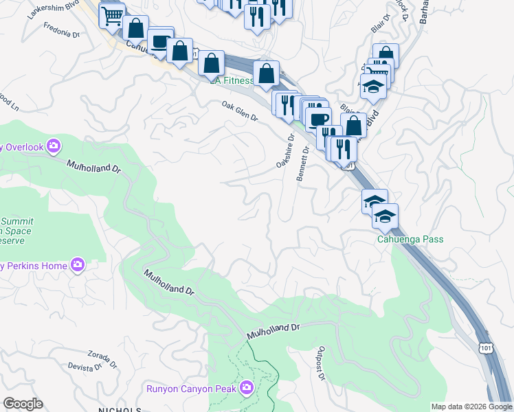 map of restaurants, bars, coffee shops, grocery stores, and more near 3031 Passmore Drive in Los Angeles