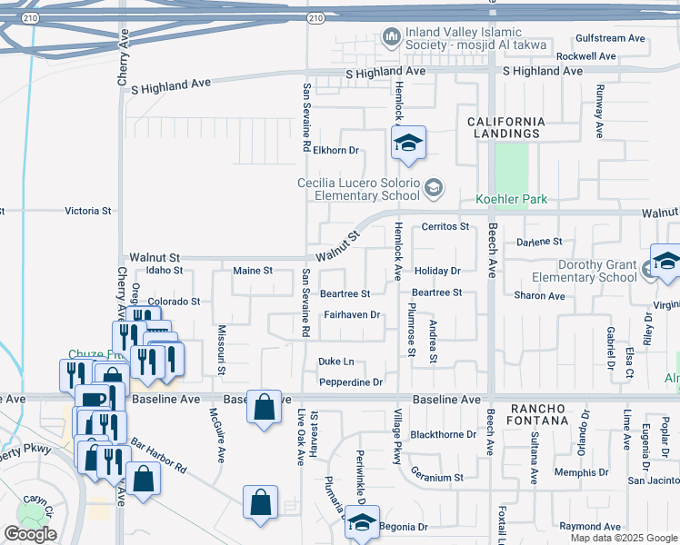 map of restaurants, bars, coffee shops, grocery stores, and more near 7032 Gabels Crest Place in Fontana