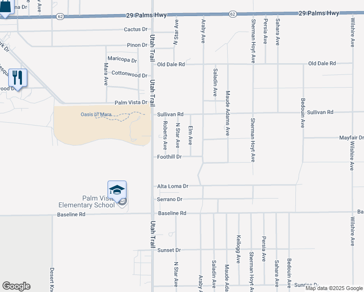 map of restaurants, bars, coffee shops, grocery stores, and more near 7031 North Star Avenue in Twentynine Palms
