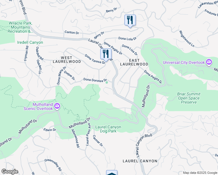 map of restaurants, bars, coffee shops, grocery stores, and more near 11231 Briarcliff Lane in Los Angeles