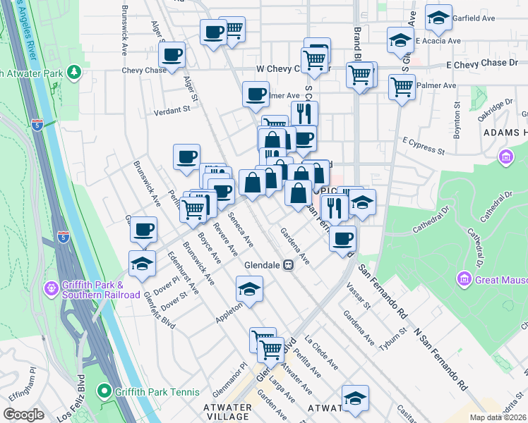 map of restaurants, bars, coffee shops, grocery stores, and more near 1505 Gardena Avenue in Glendale