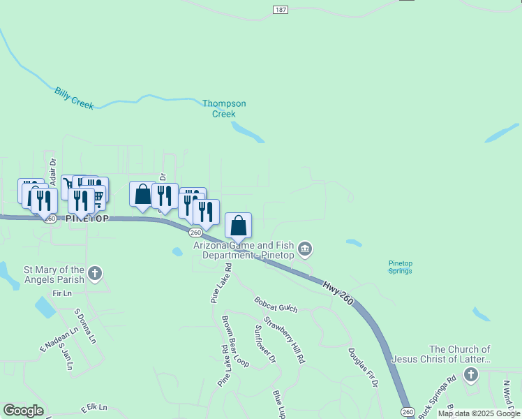 map of restaurants, bars, coffee shops, grocery stores, and more near 2688 Poplar Drive in Pinetop-Lakeside