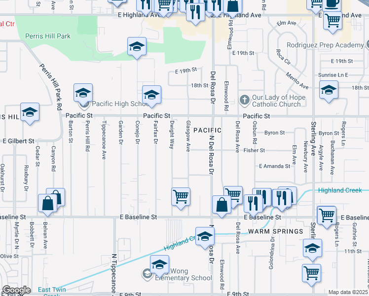 map of restaurants, bars, coffee shops, grocery stores, and more near 7016 Glasgow Avenue in San Bernardino
