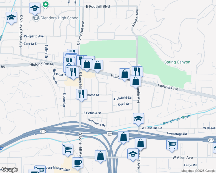 map of restaurants, bars, coffee shops, grocery stores, and more near 704 Danecroft Avenue in Glendora
