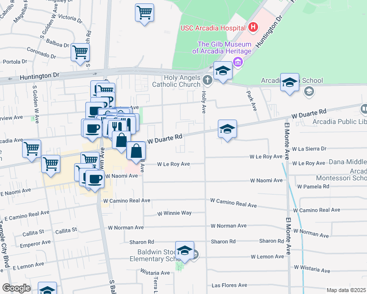 map of restaurants, bars, coffee shops, grocery stores, and more near 404 West Duarte Road in Arcadia