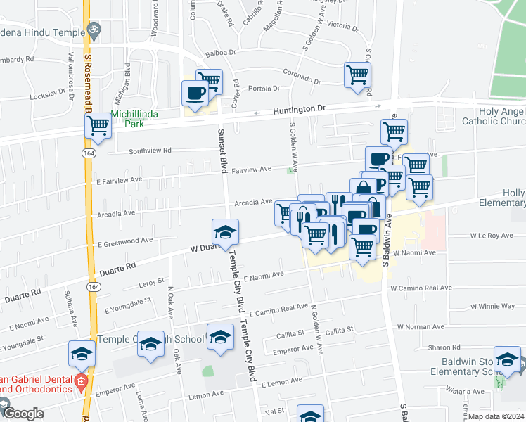 map of restaurants, bars, coffee shops, grocery stores, and more near 942 Arcadia Avenue in Arcadia
