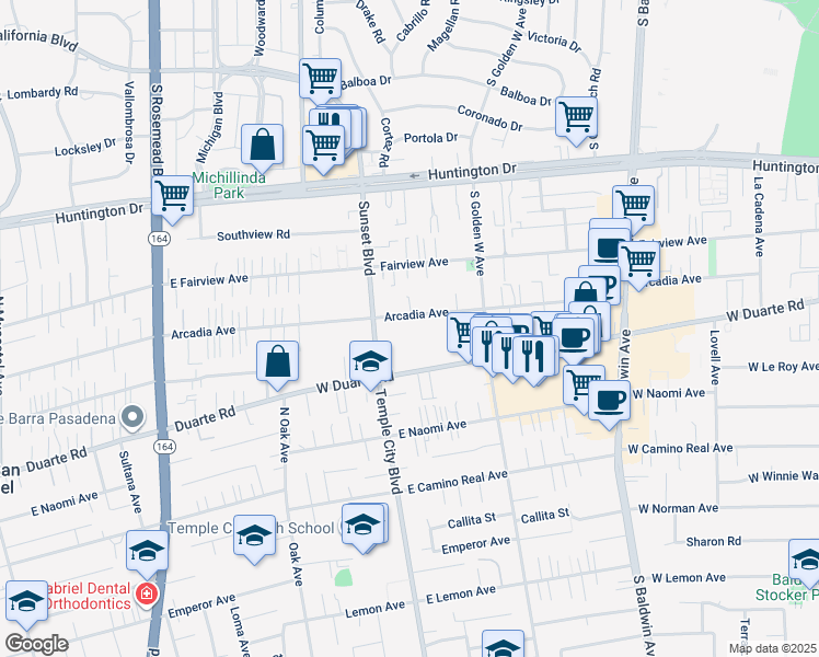 map of restaurants, bars, coffee shops, grocery stores, and more near 1022 Arcadia Avenue in Arcadia