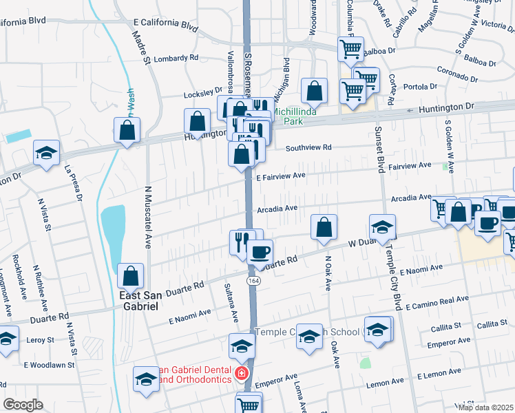map of restaurants, bars, coffee shops, grocery stores, and more near 9017 Arcadia Avenue in San Gabriel