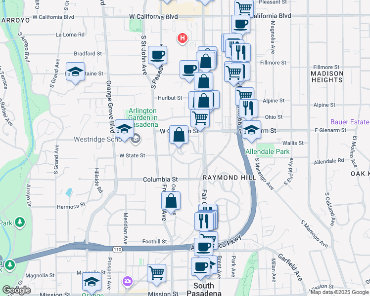 map of restaurants, bars, coffee shops, grocery stores, and more near 70 Grace Terrace in Pasadena