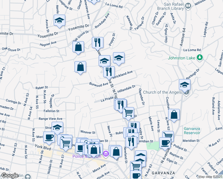 map of restaurants, bars, coffee shops, grocery stores, and more near 6822 North Figueroa Street in Los Angeles