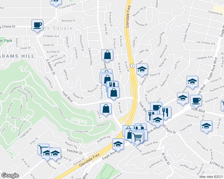 map of restaurants, bars, coffee shops, grocery stores, and more near 4142 Verdugo Road in Los Angeles