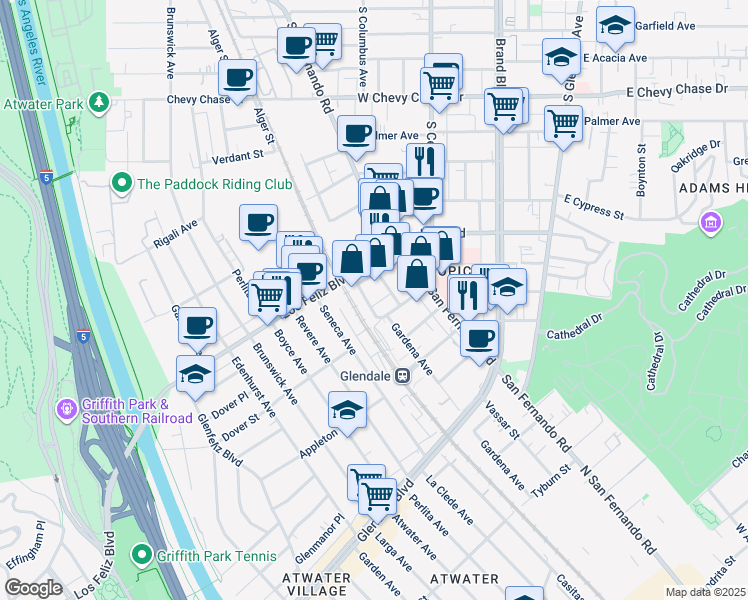 map of restaurants, bars, coffee shops, grocery stores, and more near 1505 Gardena Avenue in Glendale