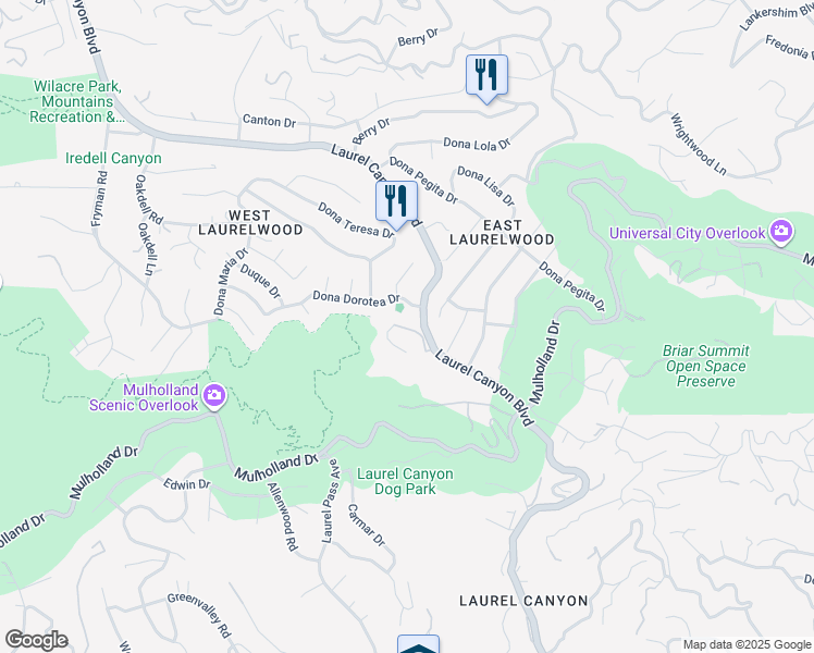 map of restaurants, bars, coffee shops, grocery stores, and more near 11231 Briarcliff Lane in Los Angeles