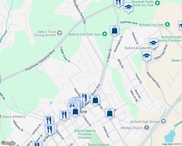 map of restaurants, bars, coffee shops, grocery stores, and more near 40 Stonehedge Drive in Buford