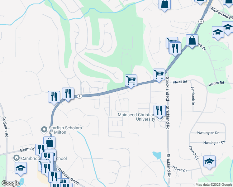 map of restaurants, bars, coffee shops, grocery stores, and more near 3295 Georgia 9 in Alpharetta