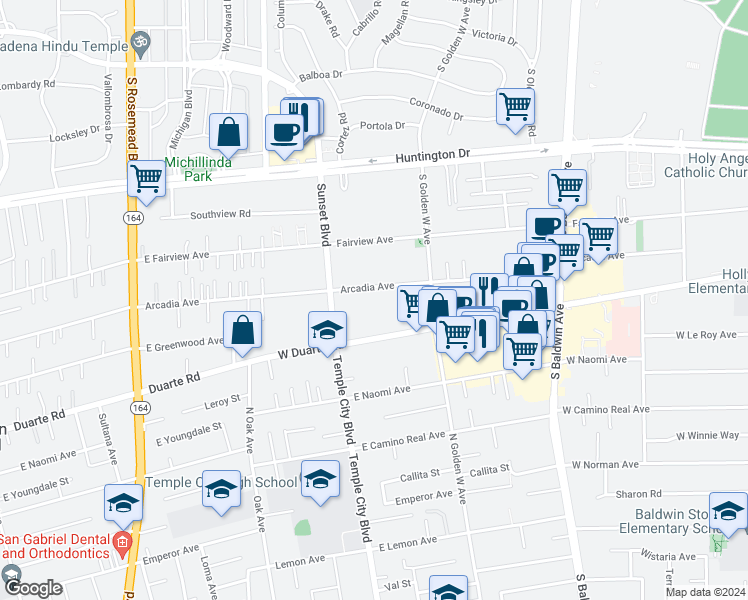 map of restaurants, bars, coffee shops, grocery stores, and more near 1006 Arcadia Avenue in Arcadia