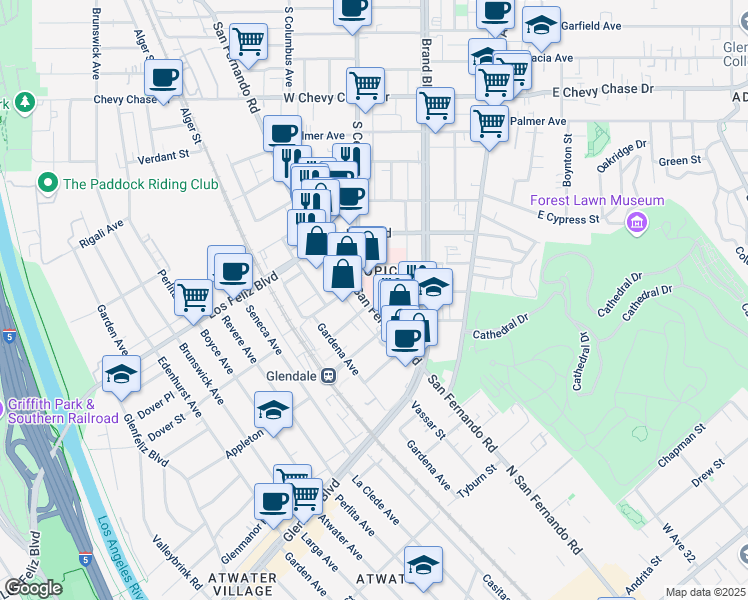 map of restaurants, bars, coffee shops, grocery stores, and more near 222 West Eulalia Street in Glendale
