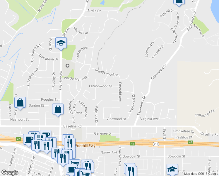 map of restaurants, bars, coffee shops, grocery stores, and more near 1868 Lemonwood Street in La Verne