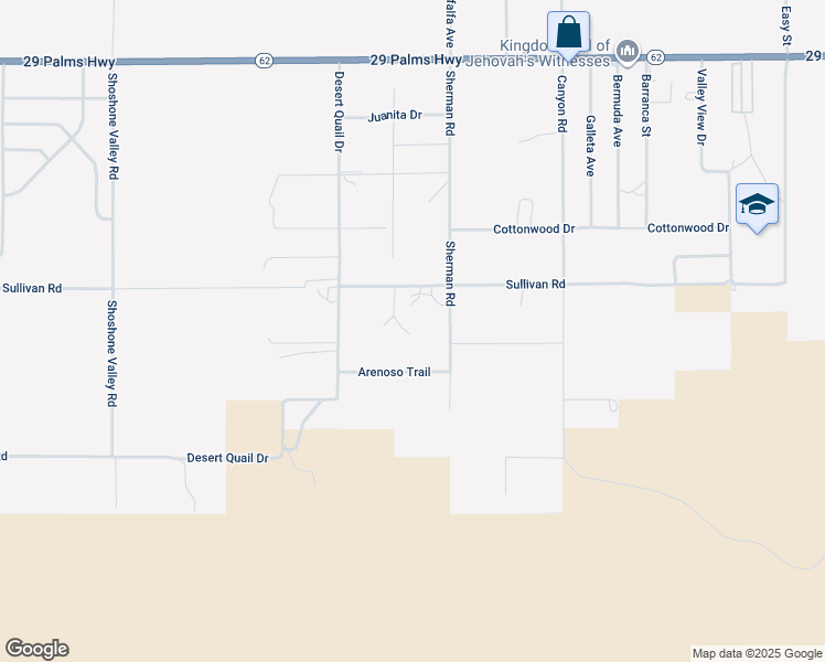 map of restaurants, bars, coffee shops, grocery stores, and more near 6976 Sherman Road in Twentynine Palms