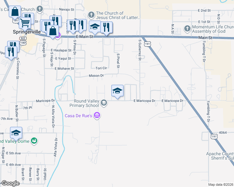 map of restaurants, bars, coffee shops, grocery stores, and more near 453 West Street in Springerville