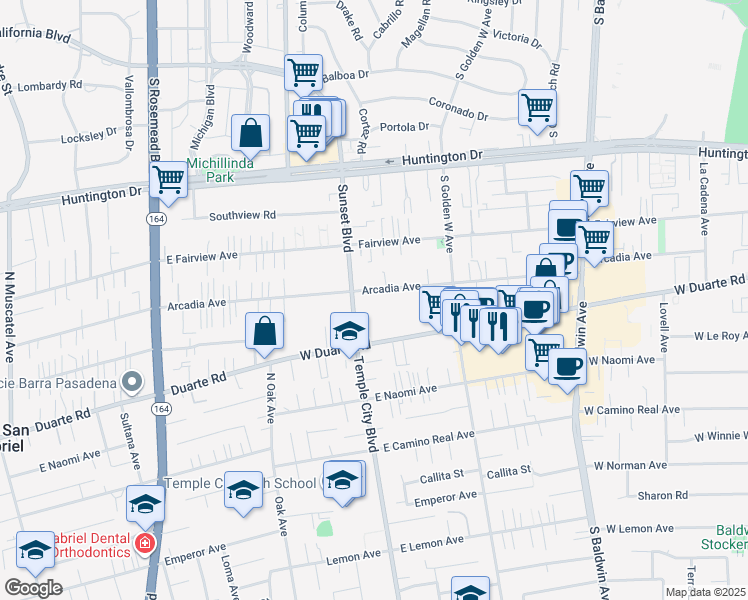 map of restaurants, bars, coffee shops, grocery stores, and more near 1032 Arcadia Avenue in Arcadia